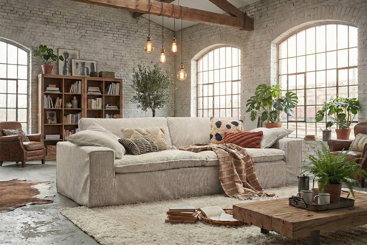 SOFA NETTA Cremeweiß Cord - Creme/Braun, Birkenholz/Textil (226/90/116cm) - KAWOLA