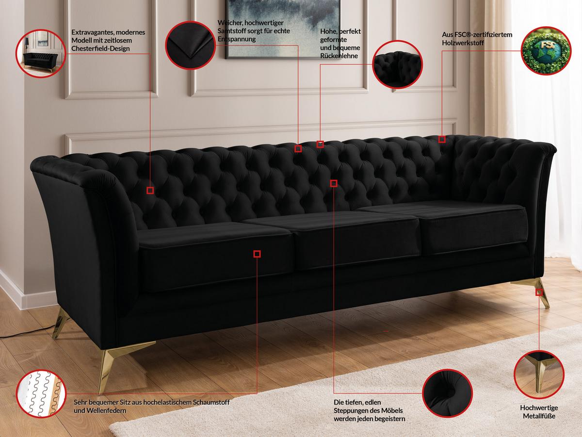 CHESTERFIELD-SOFA 3-sitzer Whitby Schwarz Samt mit goldenen Füßen - Goldfarben/Schwarz, Holz/Textil (237/78/82cm) - S-Style Möbel