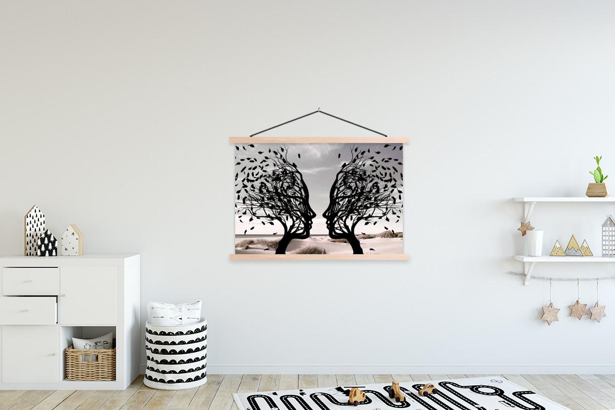 POSTER MIT MAGNETLEISTEN Strand - Meer - Menschen - Baum - Moderne Kunst Magnetleiste 120x80 cm - Hellgrau, Textil (120/80/0.15cm) - MuchoWow