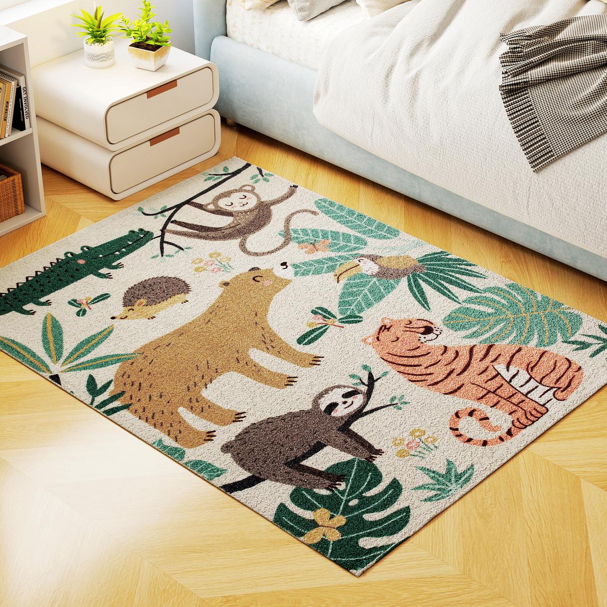 TEPPICH Anti-Rutsch Wohnzimmerteppich Kurzflor mit Dschungel-Muster Fleece-Optik - Multicolor, Textil (120/160cm) - HOMCOM
