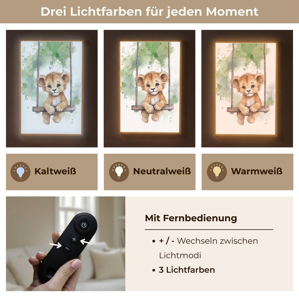 NACHTTISCHLAMPE MIT AKKU Löwe - Tier - Kinder - Dschungel 70x100 cm - Weiß, Holzwerkstoff (8/70/100cm) - OnlyWow