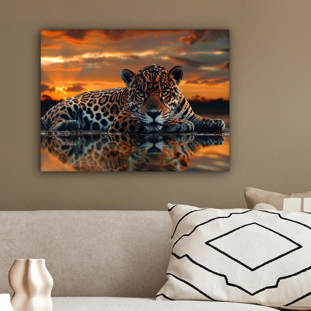LEINWANDBILD Natur - Leopard - Tier - Sonnenuntergang - Modern Wandbild 40x30 cm - Orange, Textil (40/30cm) - MuchoWow