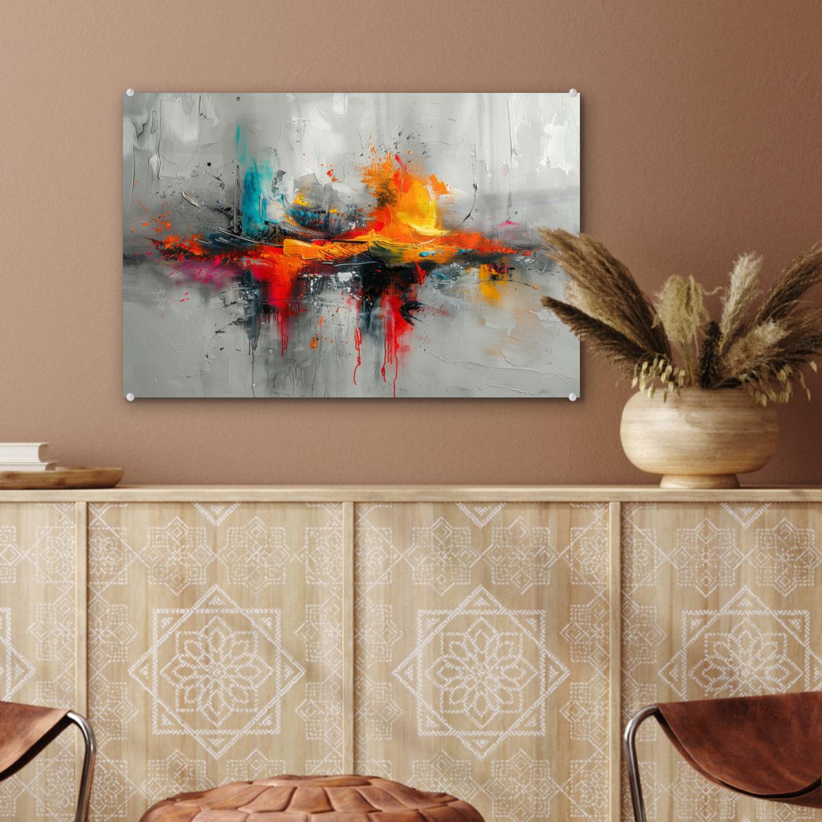 ACRYLGLASBILD Moderne Kunst - Orange - Grau - Abstrakt Wanddeko 60x40 cm - Hellgrau, Glas (60/40cm) - MuchoWow