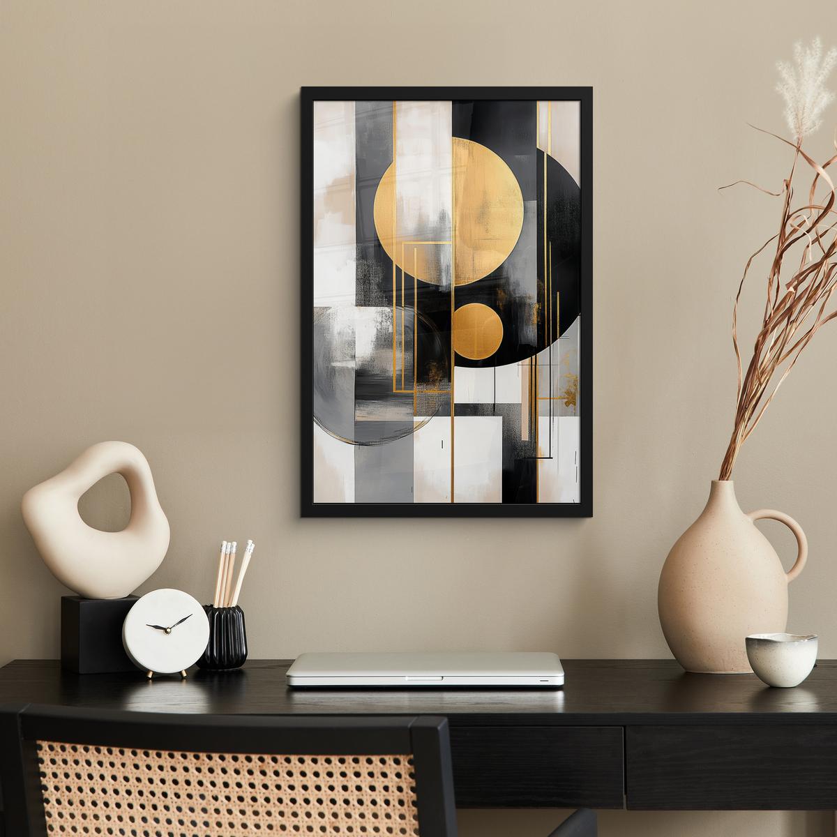 POSTER MIT RAHMEN Abstrakt - Gold - Silber - Formen - Ästhetisch - Modern Bilder mit Rahmen 40x60 cm - Goldfarben, Papier (40/60cm) - MuchoWow