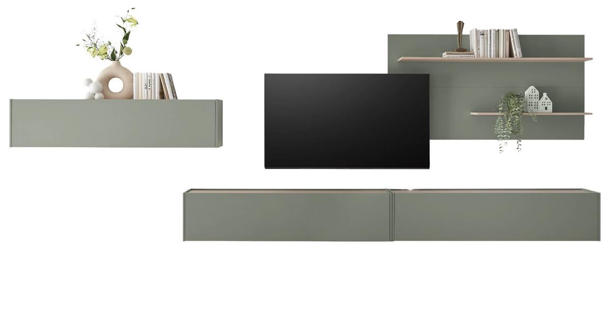 WOHNWAND 4-teilig, Set in Salbei Grün und Eiche, mit XXL TV Lowboard 300 cm hängend, gesamt 400 x 190 cm - Salbeigrün/Eichefarben, Holz/Holzwerkstoff (400/190/30cm) - Furn.Design