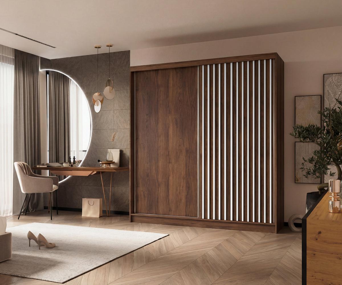 SCHWEBETÜRENSCHRANK LAMELLO 200/216/61 cm Modern Kleiderschrank 2-türig Nussbaumfarben - Nussbaumfarben, Holzwerkstoff (200/216/61cm) - MASSENO