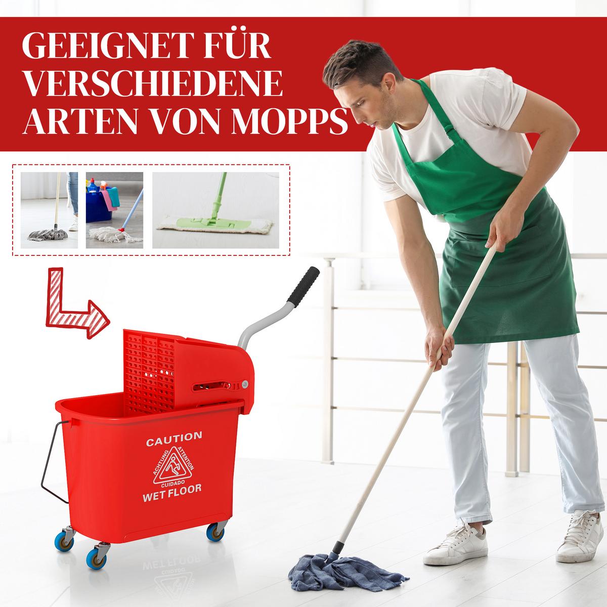 HOMCOM Kompakter Wischeimer mit Wringer und Rollen für die Bodenreinigung, 20 Liter, Separates schmutziges und sauberes Wasser, Rot - Rot, Kunststoff (27/70.5/60cm) - HOMCOM