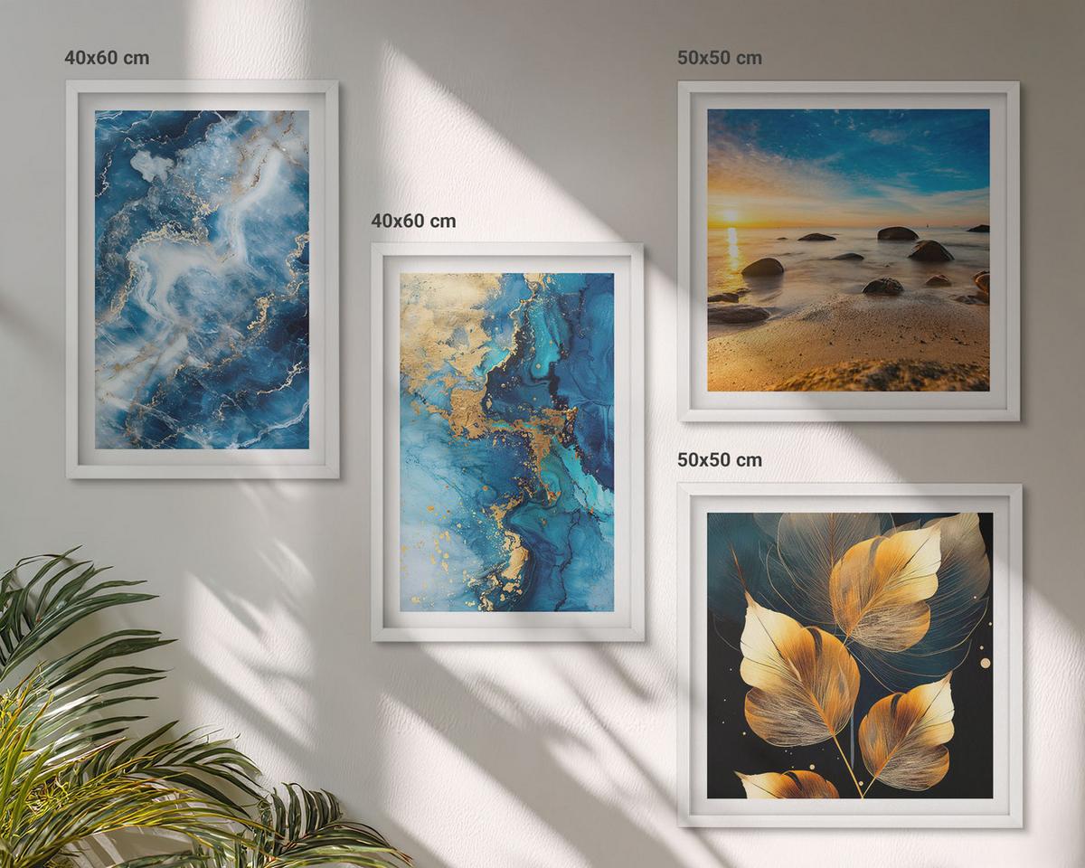 BILDER SET 4er Set - 50x50 cm & 40x60 cm Weißer Rahmen - Bilder mit blau-goldenen Mustern - Weiß, Kunststoff (50/50cm) - TULUP