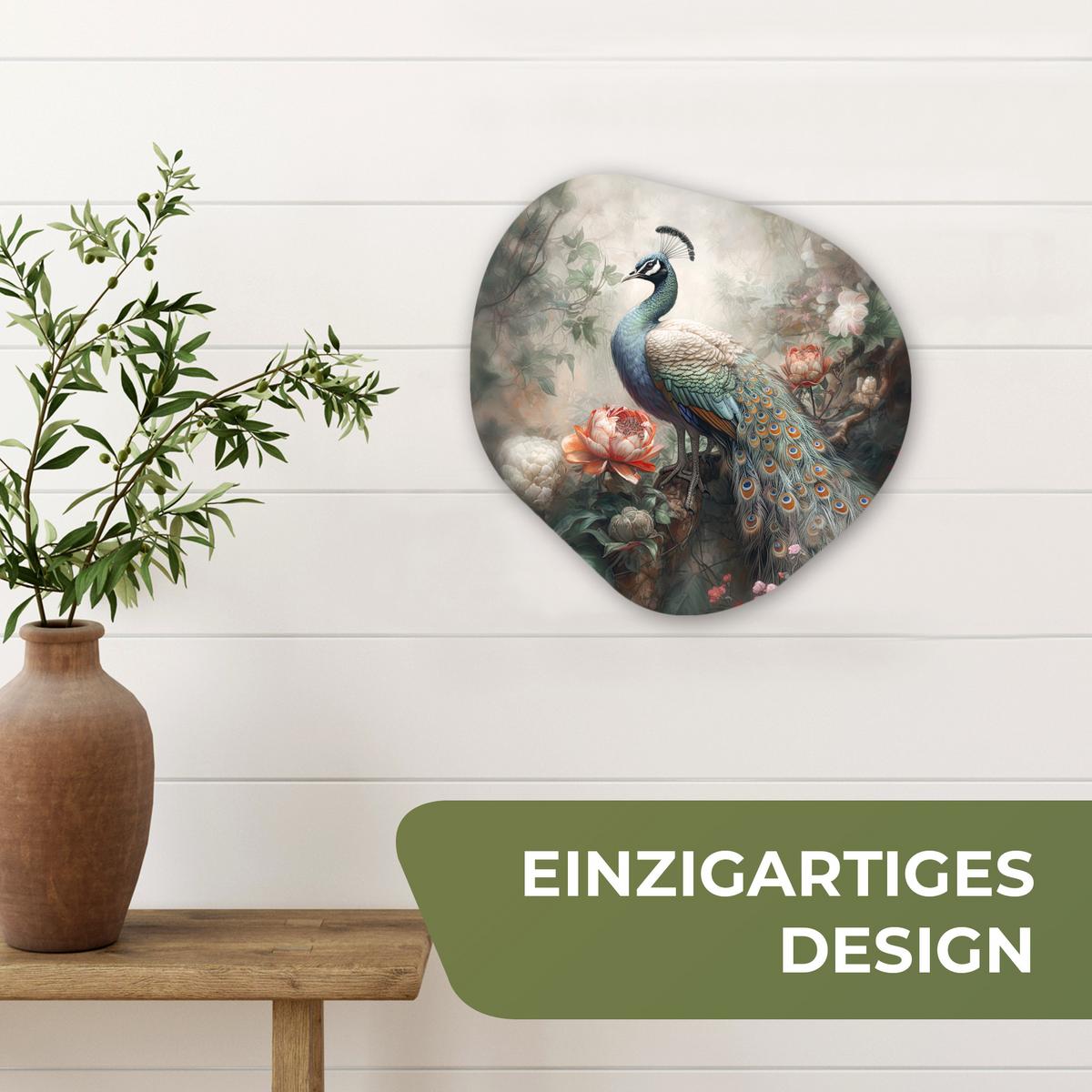 WANDBILD Pfau - Pfauenfedern - Vogel - Dschungel - Blumen Wanddeko 40x40 cm - Smaragdgrün, Kunststoff (40/40cm) - MuchoWow
