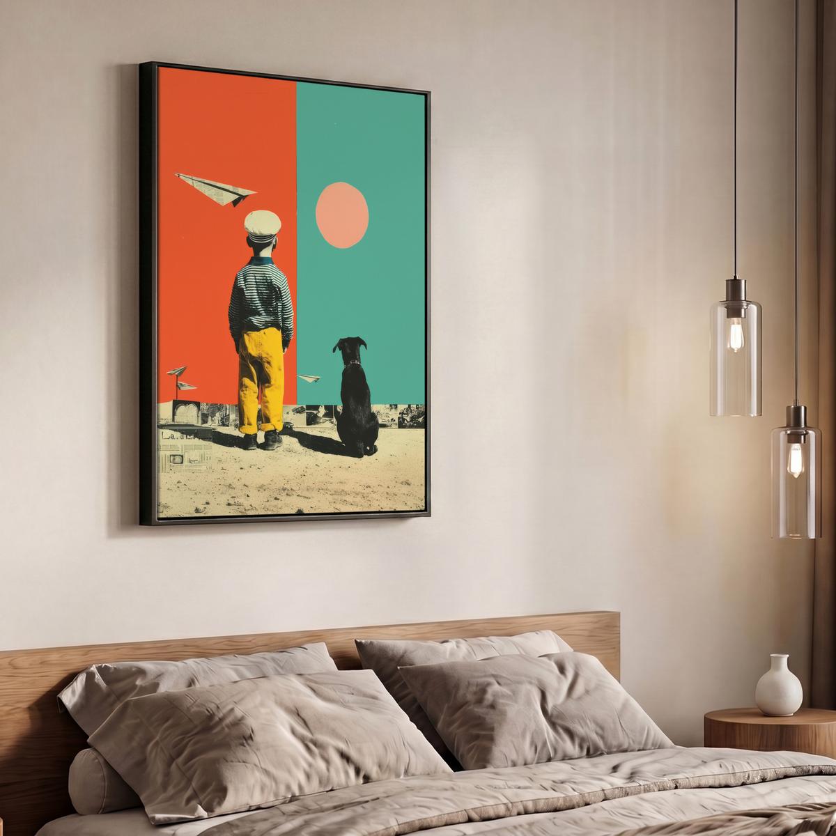 LEINWAND Bilder mit Rahmen - Retro - Junge - Hund - Rot - Grün - 70x100 - Orange, Textil (70/100cm) - MuchoWow