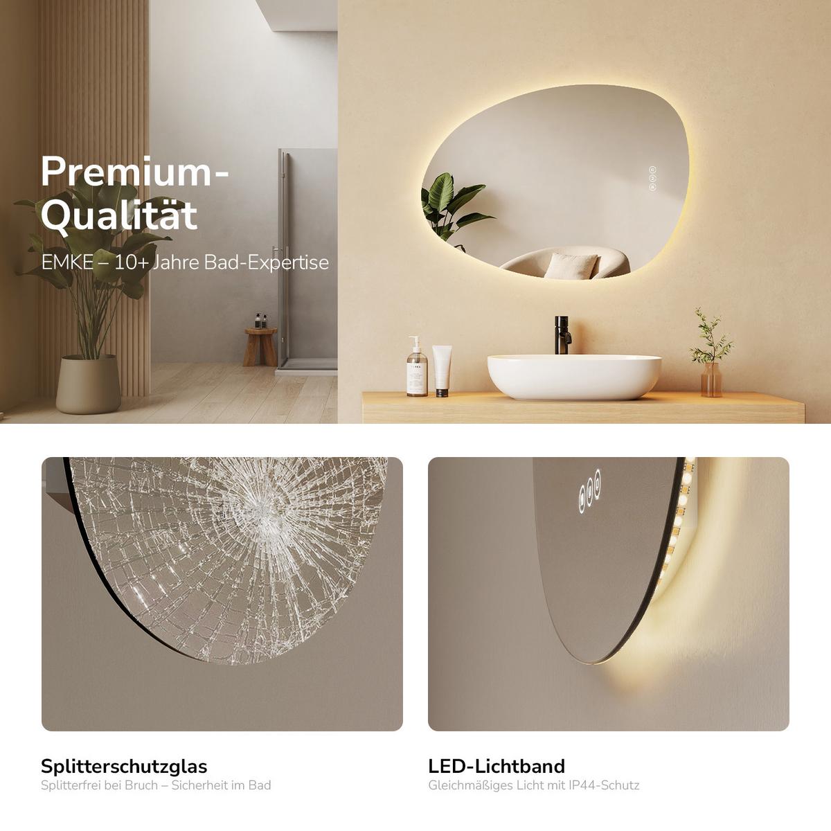 BADSPIEGEL asymmetrisch mit LED-Beleuchtung, Antibeschlag, 75/55 cm - Transparent, Glas (55/75/2.5cm) - EMKE