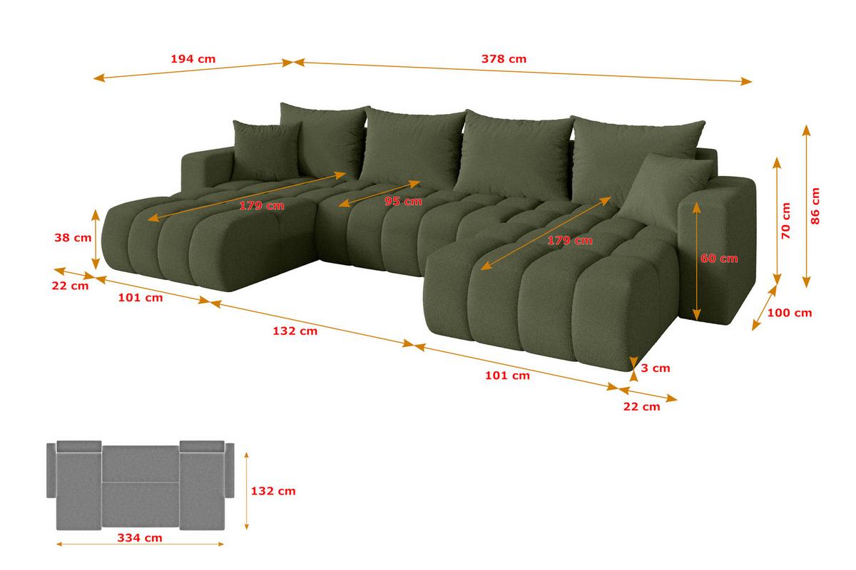 WOHNLANDSCHAFT mit Schlaffunktion und Bettkasten MILA-U-v1 378x194x86 Grün Bouclé - Schwarz/Olivgrün, Holzwerkstoff/Kunststoff (378/86/194cm) - ALTDECOR