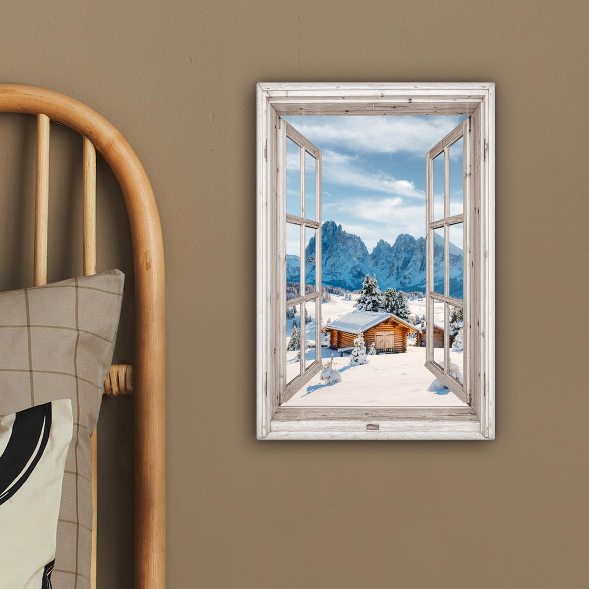 LEINWANDBILD Winterlandschaft - Hütte - Berge - Ausblicke - Aussicht - Natur Deko Wohnzimmer 20x30 cm - Weiß Hochglanz, Textil (20/30cm) - MuchoWow