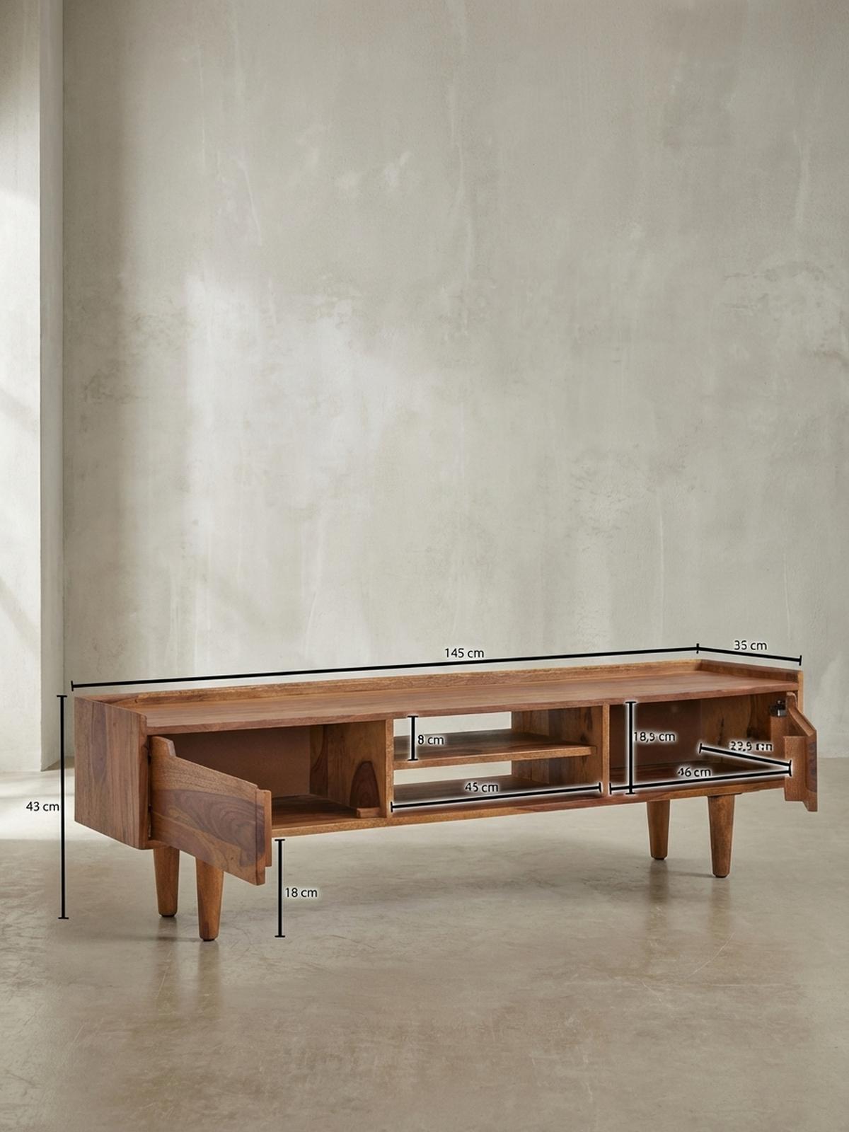 LOWBOARD Massivholz Landhausstil für 60-Zoll Fernseher mit Stauraum und Schutzlackversiegelung - Braun, Holz (145/43/35cm) - KADIMA DESIGN