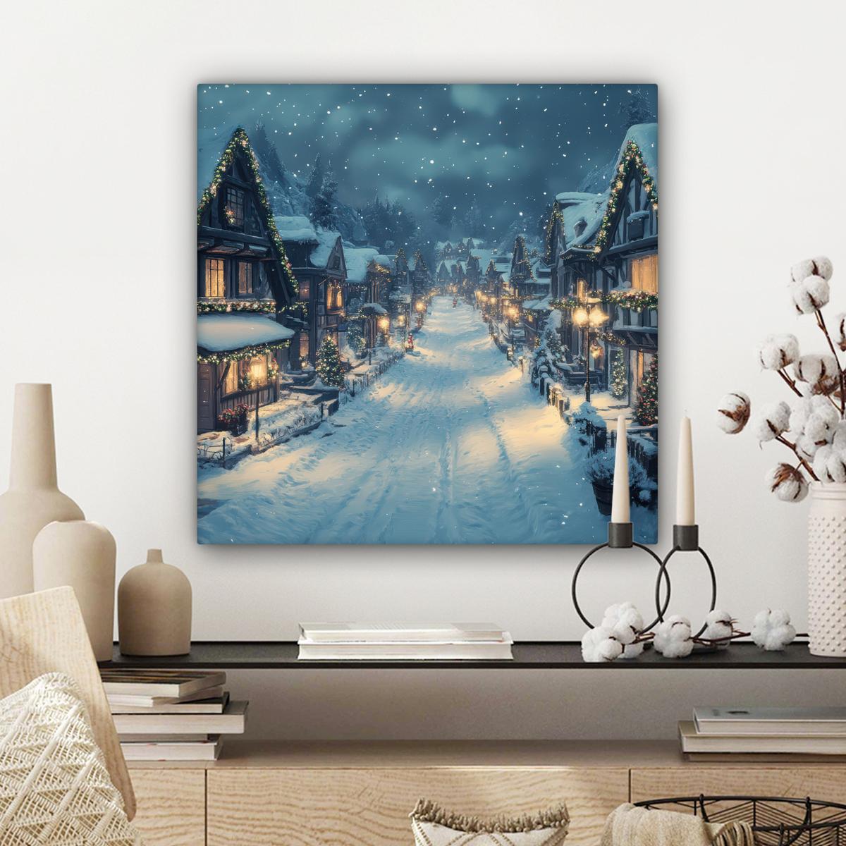 LEINWANDBILD Weihnachtsdorf - Weihnachten - Schnee - Winter Wandbild Wohnzimmer 50x50 cm - Dunkelblau, Textil (50/50cm) - MuchoWow