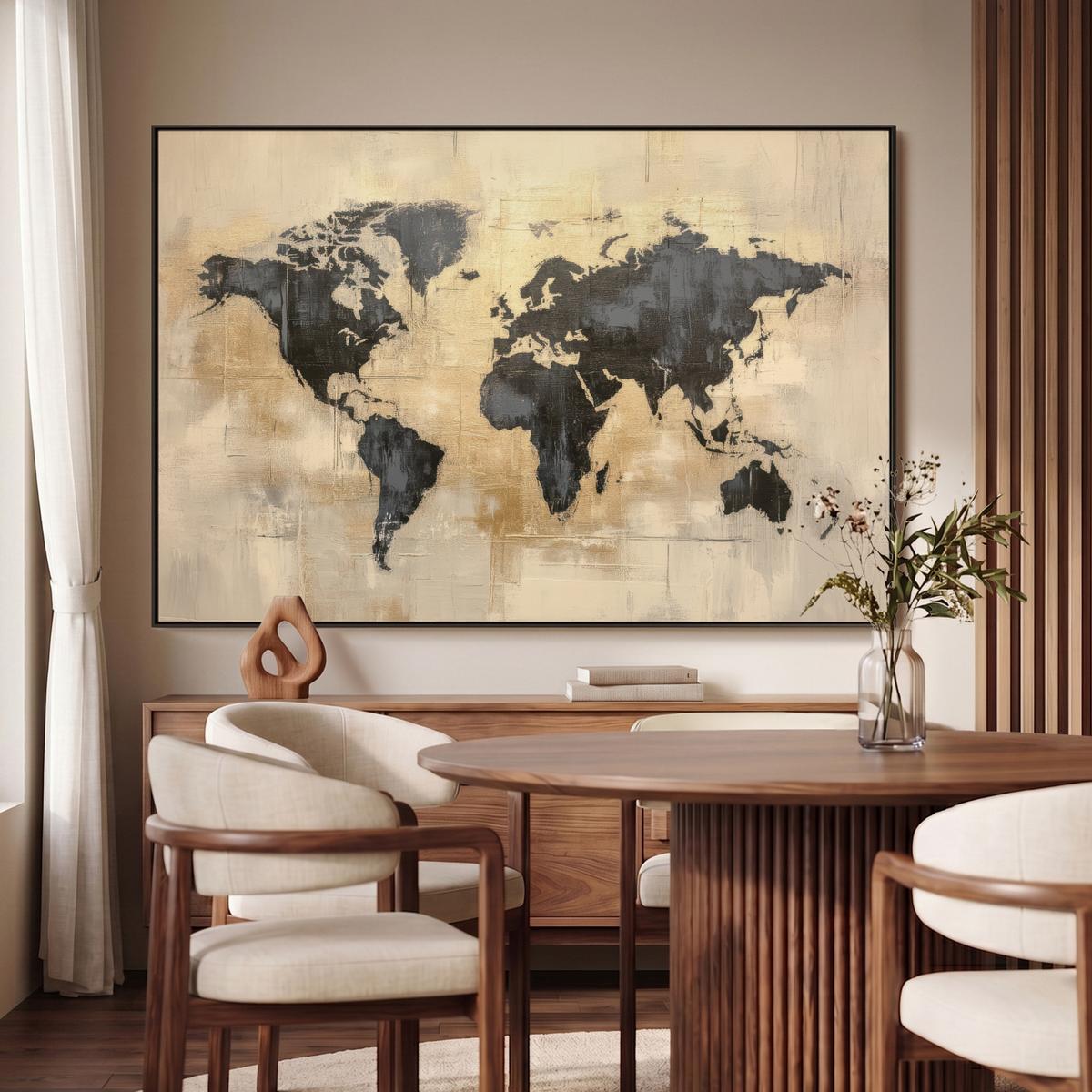 LEINWAND Bilder mit Rahmen - Weltkarte - Gold - Schwarz - Abstrakt - 120x80 - Kupferfarben, Textil (120/80cm) - MuchoWow
