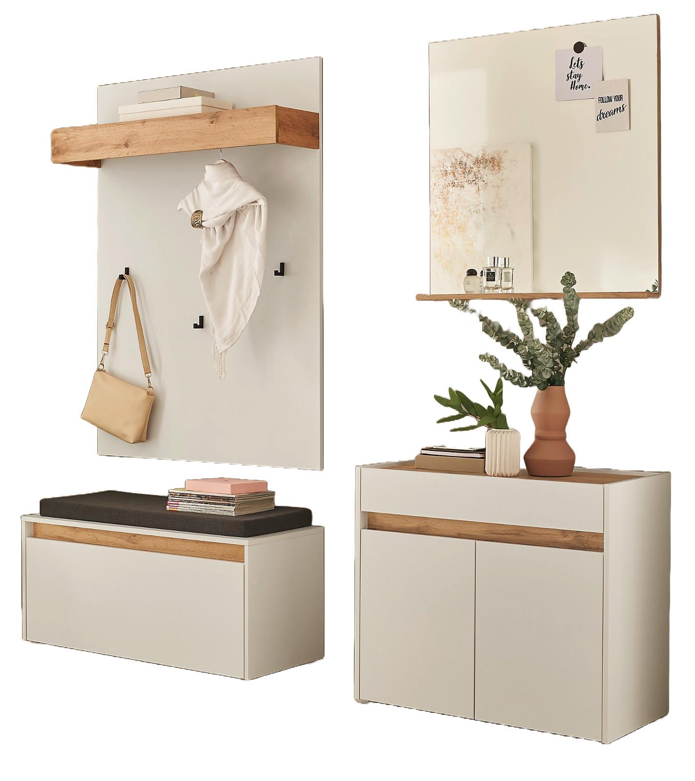 GARDEROBE 5-teilig Set weiß, Eiche Wotan 190 cm, viel Stauraum - Eiche Wotan/Silberfarben, Glas/Holzwerkstoff (190/200/40cm) - Furn.Design