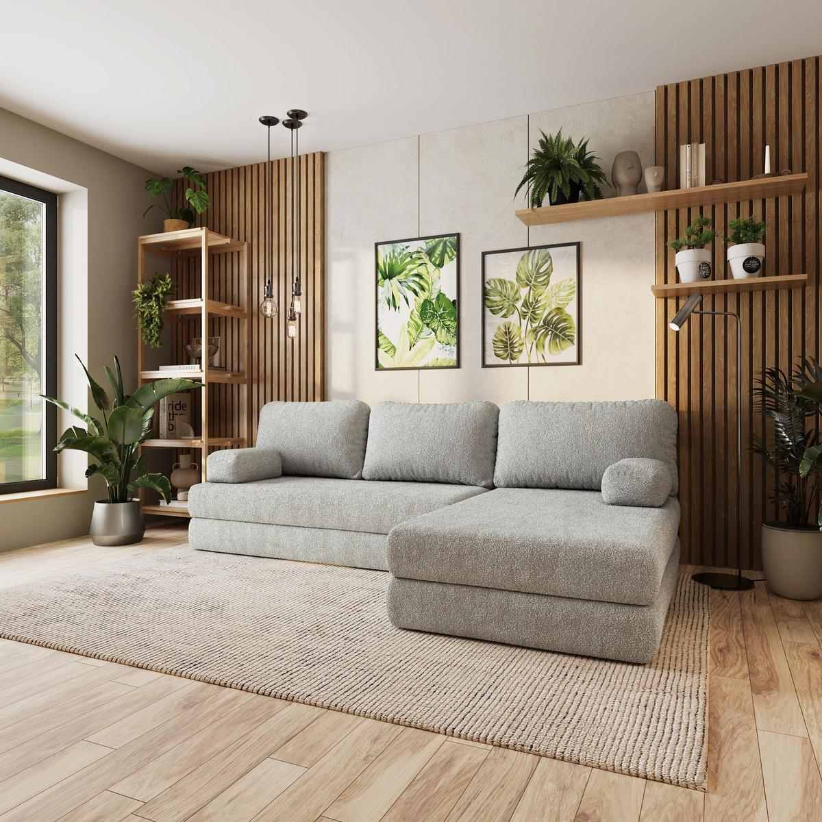 ECKSOFA LEA modulares Boneless Sofa mit Schlaffunktion Hellgrau Boucle-Stoff - Hellgrau, Textil (270/160cm) - MASSENO