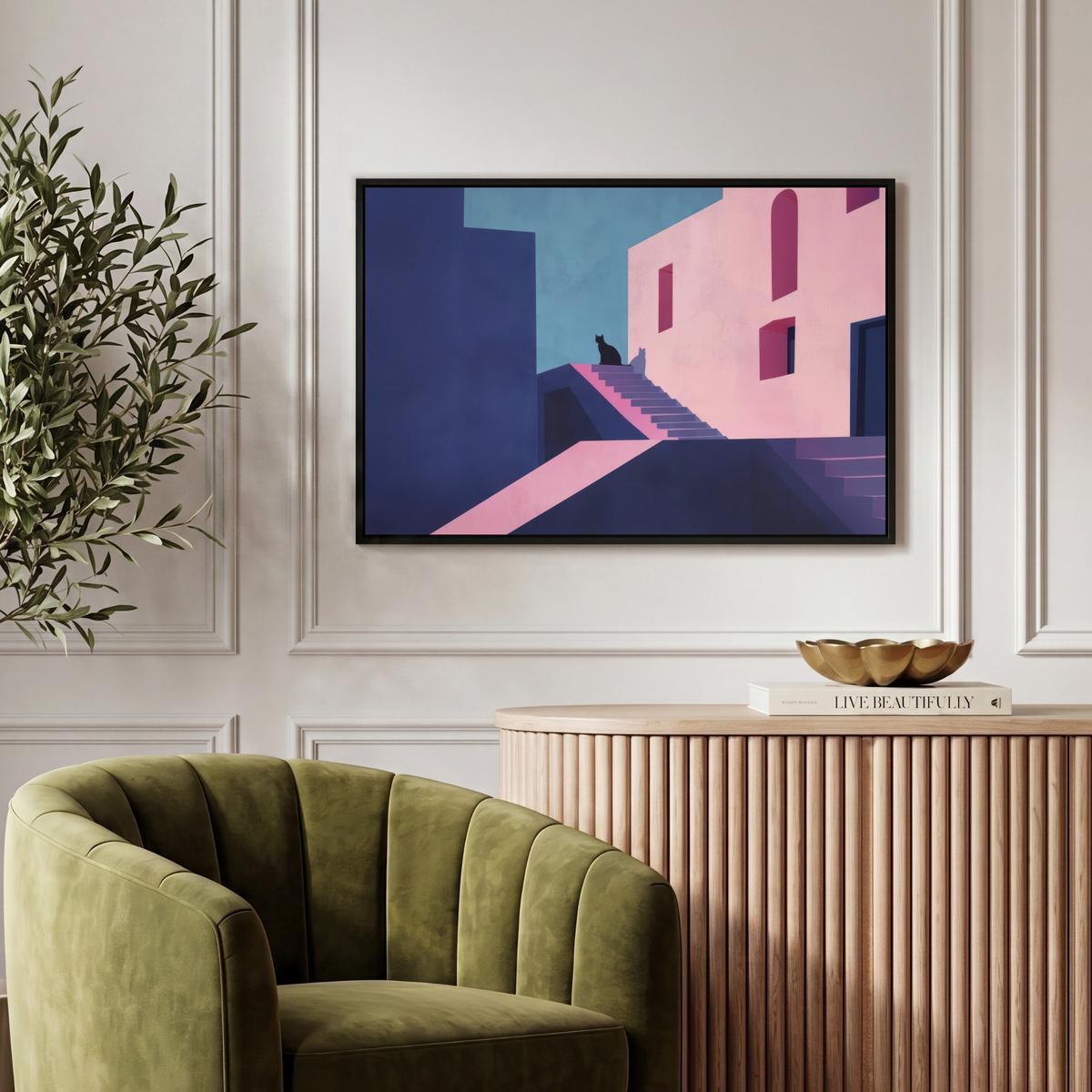 LEINWAND Bilder mit Rahmen - Katze - Treppe - Gebäude - Schattenkontraste - 60x40 - Dunkelblau, Textil (60/40cm) - MuchoWow