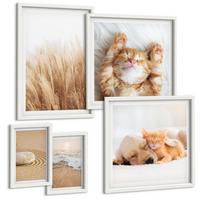 BILDER SET 5er Set - 50x50 cm & 20x30 cm & 40x60 cm Weißer Rahmen - Niedliche Tiere, Katzen, Hunde, Strand - Weiß, Kunststoff (40/60cm) - TULUP