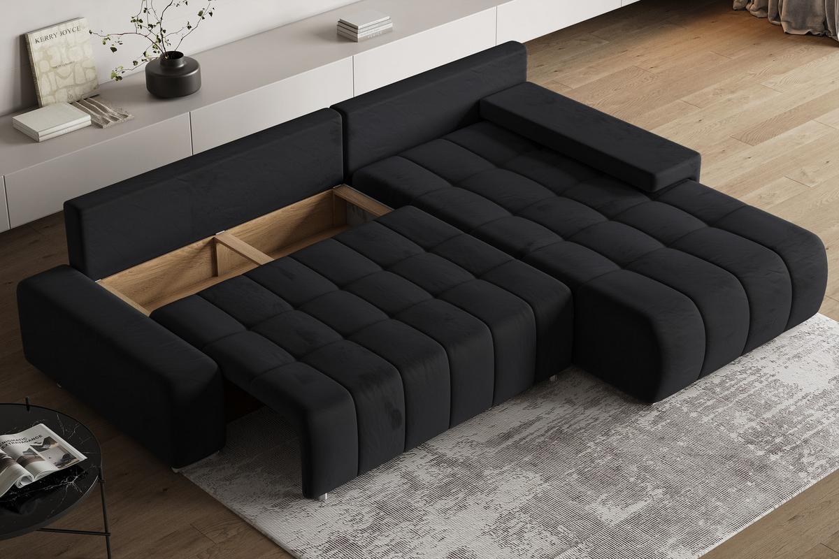 ECKSOFA ALESE R-S Schwarz Velours-Stoff mit Schlaffunktion - Silberfarben/Schwarz, Holz/Textil (265/185cm) - MASSENO