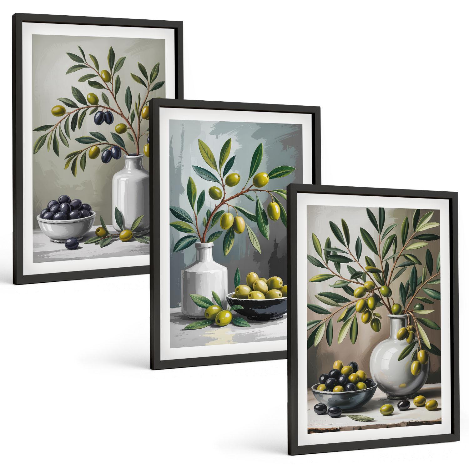 BILDER SET 3er Set - 40x60 cm Schwarzer Rahmen - Keramik olivgrau - Schwarz, Kunststoff (40/60cm) - TULUP