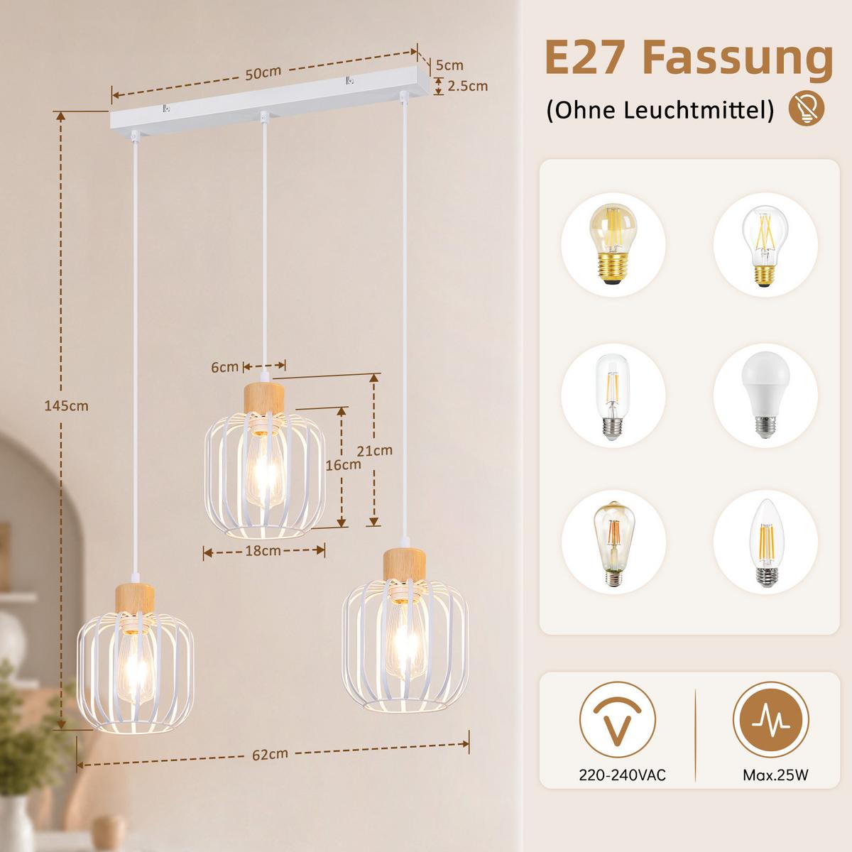 PENDELLEUCHTE Uxvin 62/18/145 cm - Weiß, Holz/Metall (62/18/145cm) - ZMH