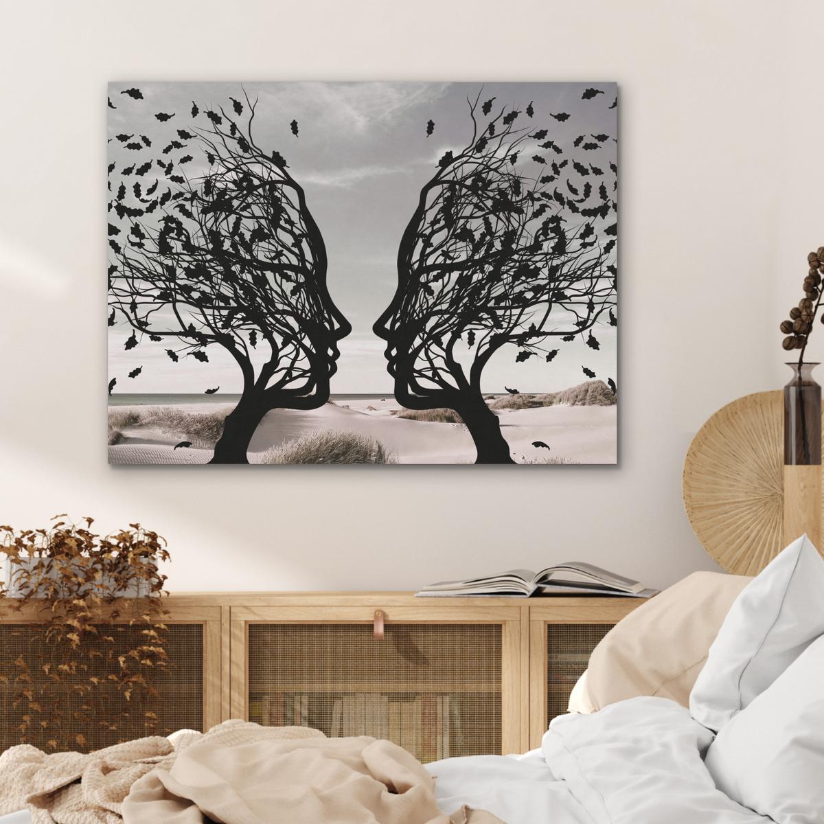 AKUSTIKBILD Strand - Meer - Menschen - Baum - Moderne Kunst Gemälde 80x60 cm - Hellgrau, Kunststoff (80/60/0.9cm) - MuchoWow
