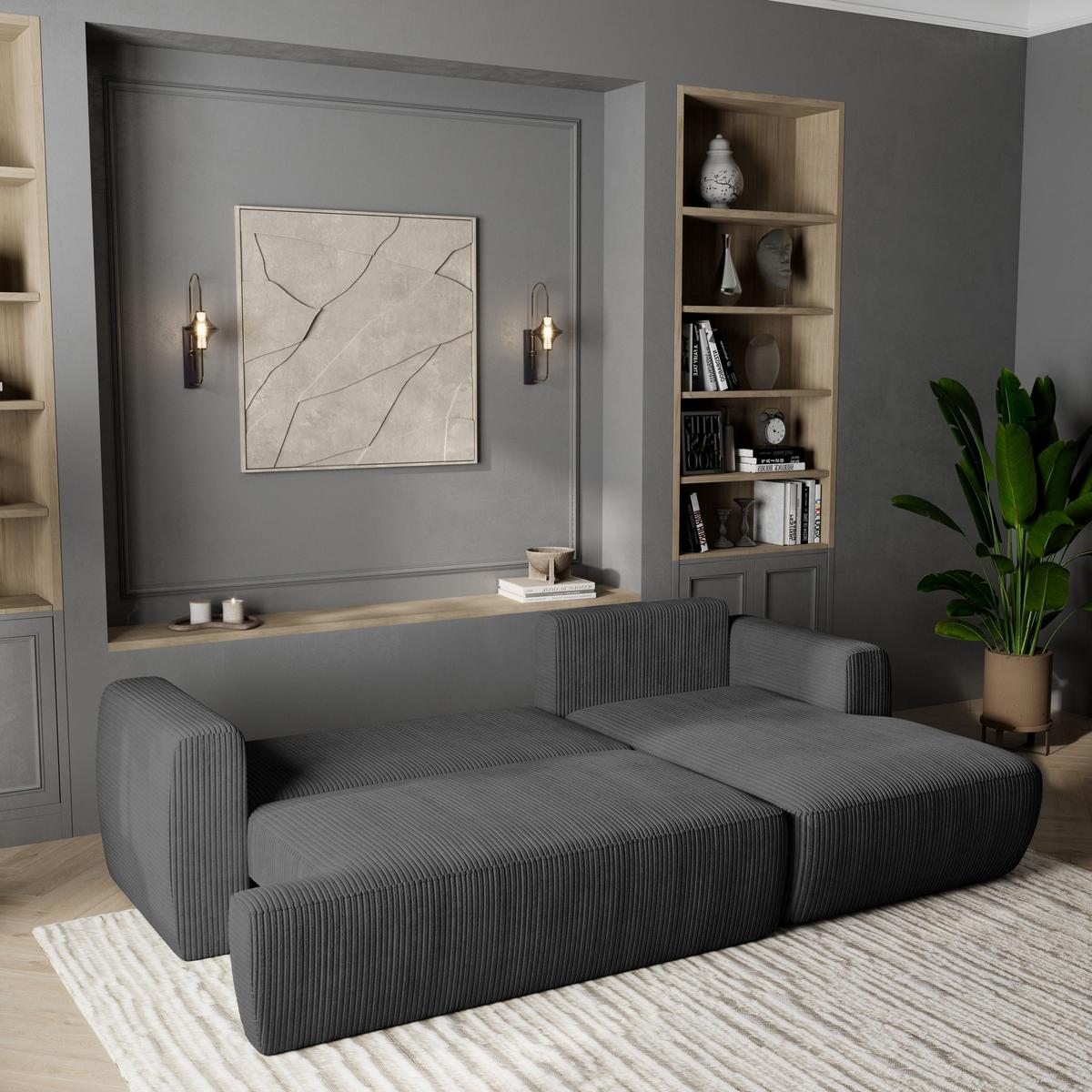 ECKSOFA SENTI P R-S Graphitfarben Kordstoff mit Schlaffunktion - Graphitfarben/Schwarz, Holz/Kunststoff (246/148cm) - MASSENO