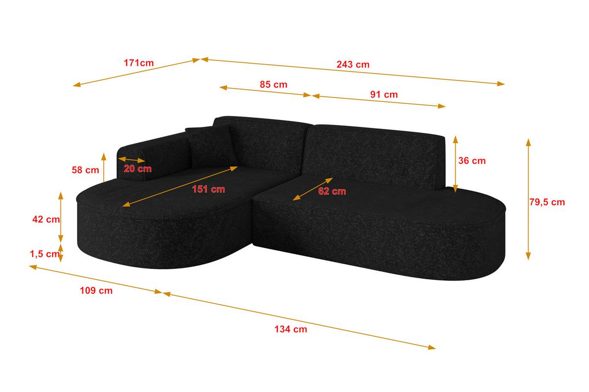 ECKSOFA Ottomane Links MARI-L1 - 243x171x79 cm Schwarz Tissu - Schwarz, Holzwerkstoff/Kunststoff (243/171cm) - ALTDECOR