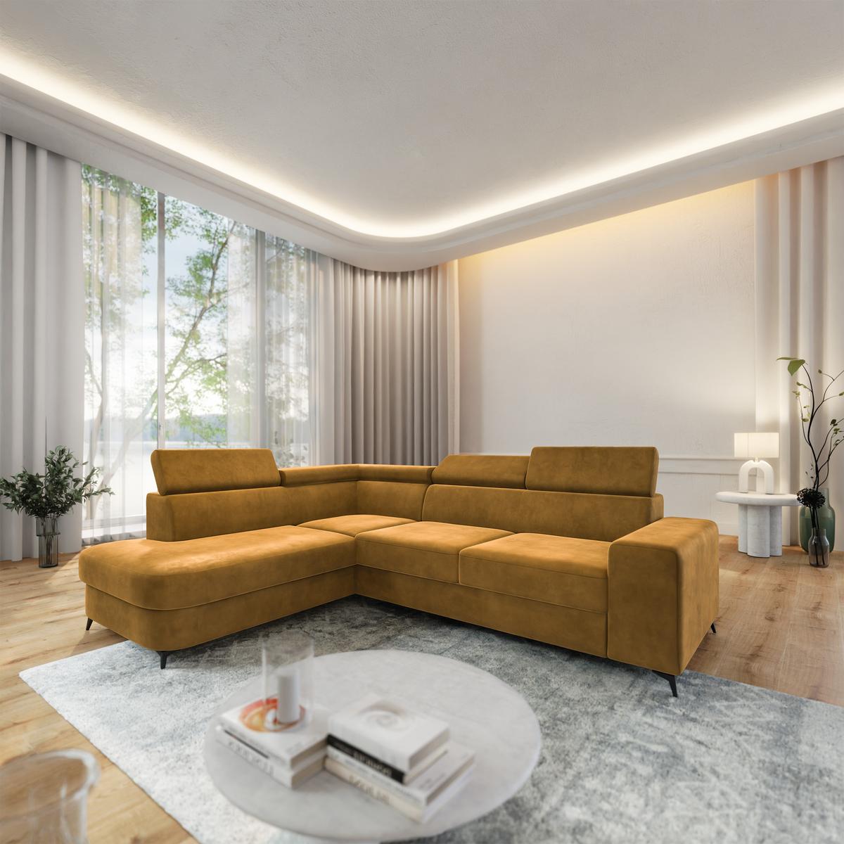 ECKSOFA ALVORO L-S Gelb Velours-Stoff mit Schlaffunktion - Gelb, Holz (253/190cm) - MASSENO