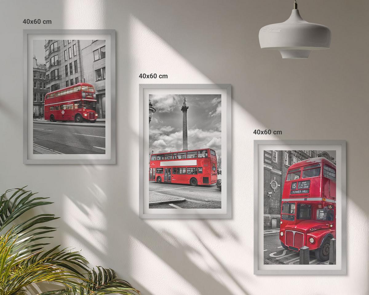 BILDER SET 3er Set - 40x60 cm Silberner Rahmen - Rote Busse in London - Silberfarben, Kunststoff (40/60cm) - TULUP