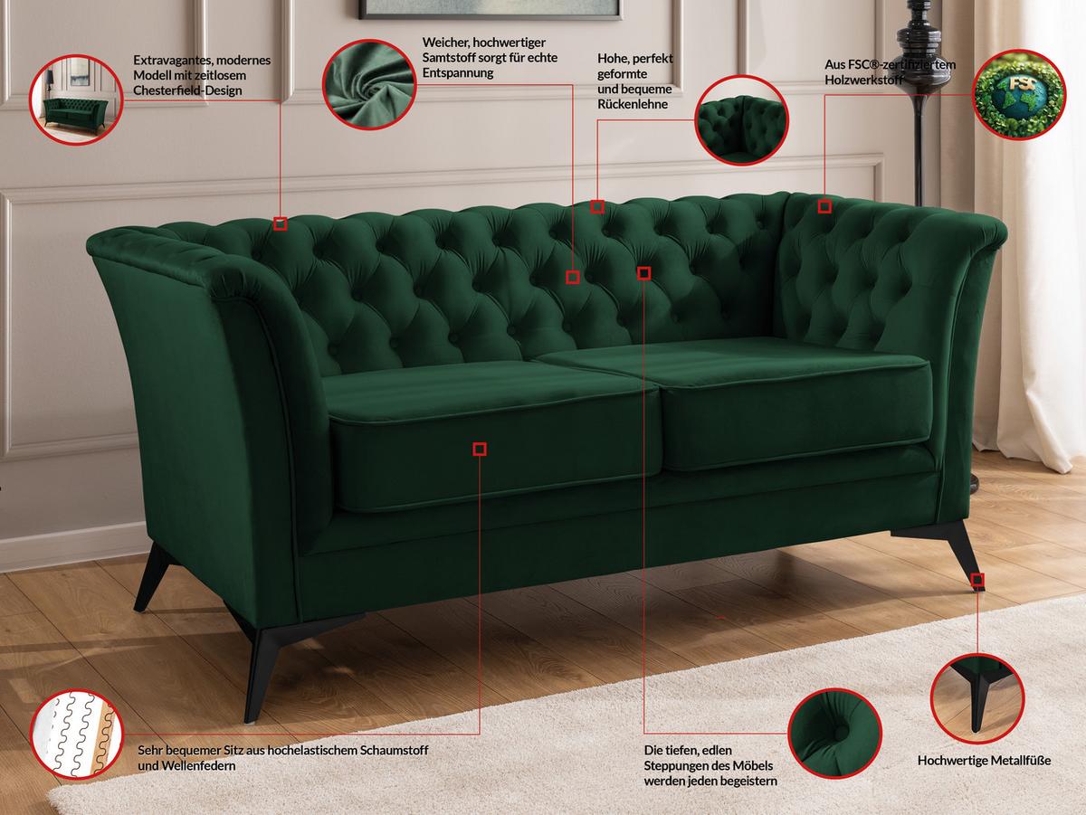 CHESTERFIELD-SOFA 2-sitzer Whitby Flaschengrün Samt mit schwarzen Füßen - Dunkelgrün/Schwarz, Holz/Textil (175/78/82cm) - S-Style Möbel