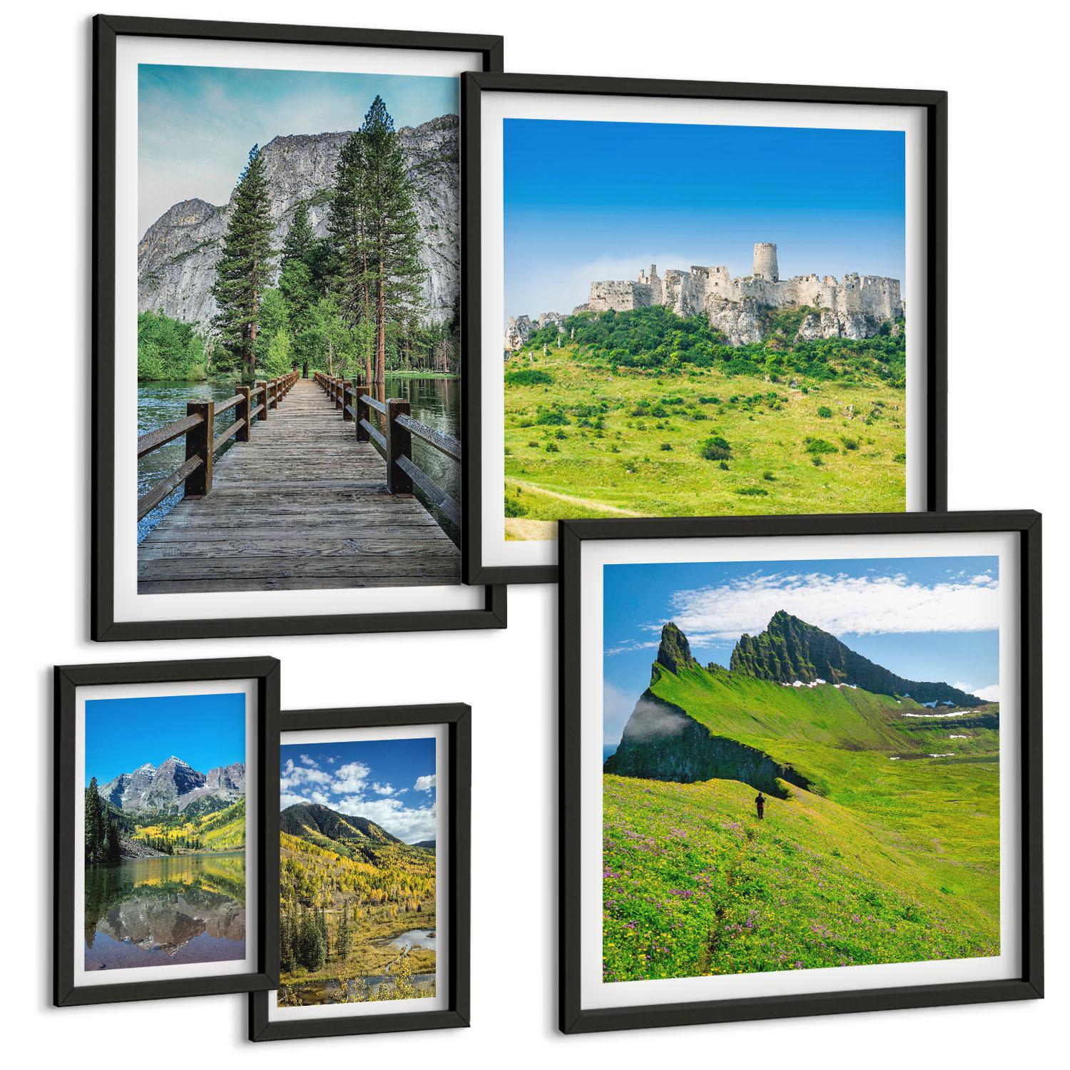 BILDER SET 5er Set - 50x50 cm & 20x30 cm & 40x60 cm Schwarzer Rahmen - Wasserfälle, Berge, Wolken, Herbst - Schwarz, Kunststoff (40/60cm) - TULUP