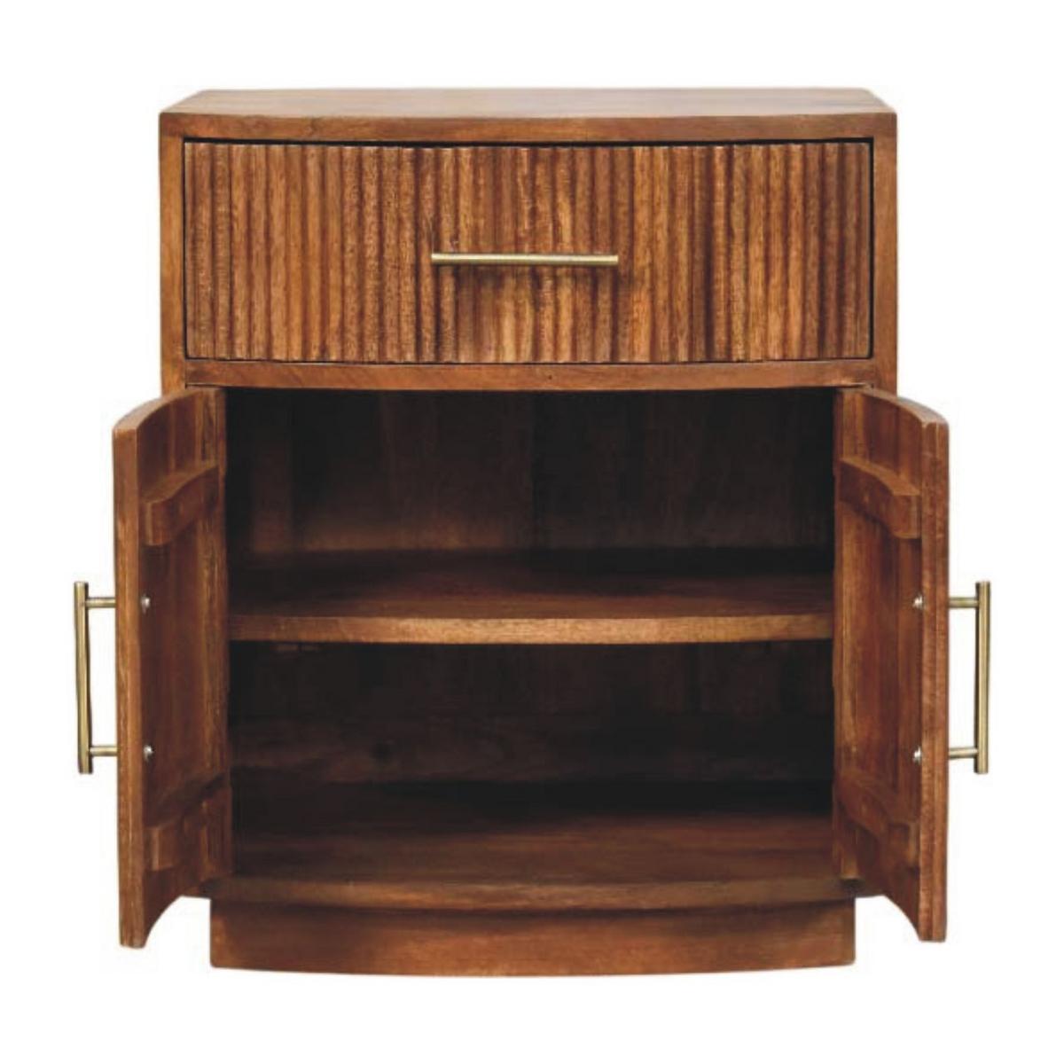 NACHTKASTEN Massivholz Geschwungen Geriffelt, 1 Schublade und 2 Regale mit Türen, Dunkelbraun - Hellbraun/Messingfarben, Holz/Metall (50/60/40cm) - Artisan Furniture