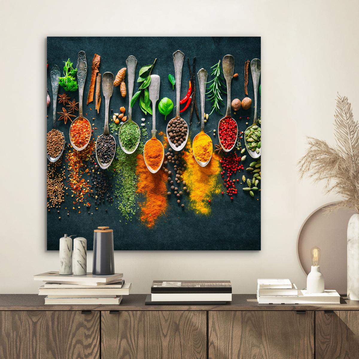 METALLBILD Kräuter - Gewürze - Löffel 50x50 cm - Currygelb, Metall (50/50cm) - MuchoWow