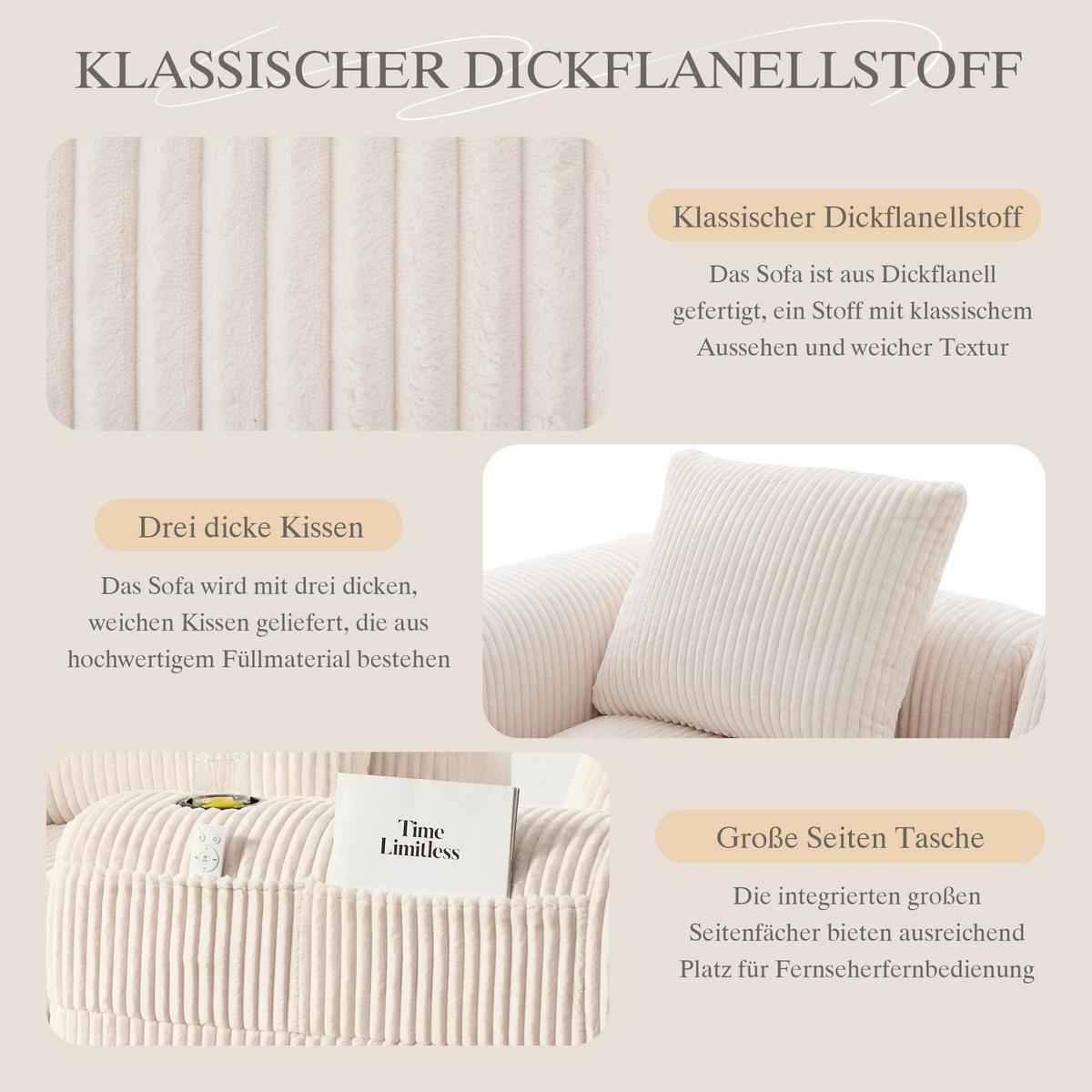 ECKSOFA 3-Sitzer mit Getränkehalter, Seitentaschen & 3 Kissen - Beige, Textil (253/158cm) - Urban Meuble