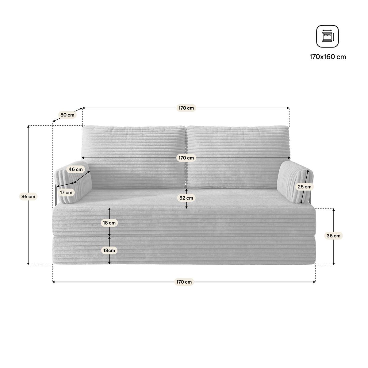 BETTSOFA SILAR aus Schaumstoff Kordstoff Hellgrau Schlaffunktion - Hellgrau, Textil (170/86/80cm) - MASSENO