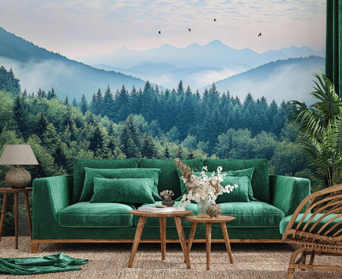 FOTOTAPETE 3D Effekt Wald im Nebel Berge 250x175 - Multicolor, Papier (250/175cm) - Wallarena