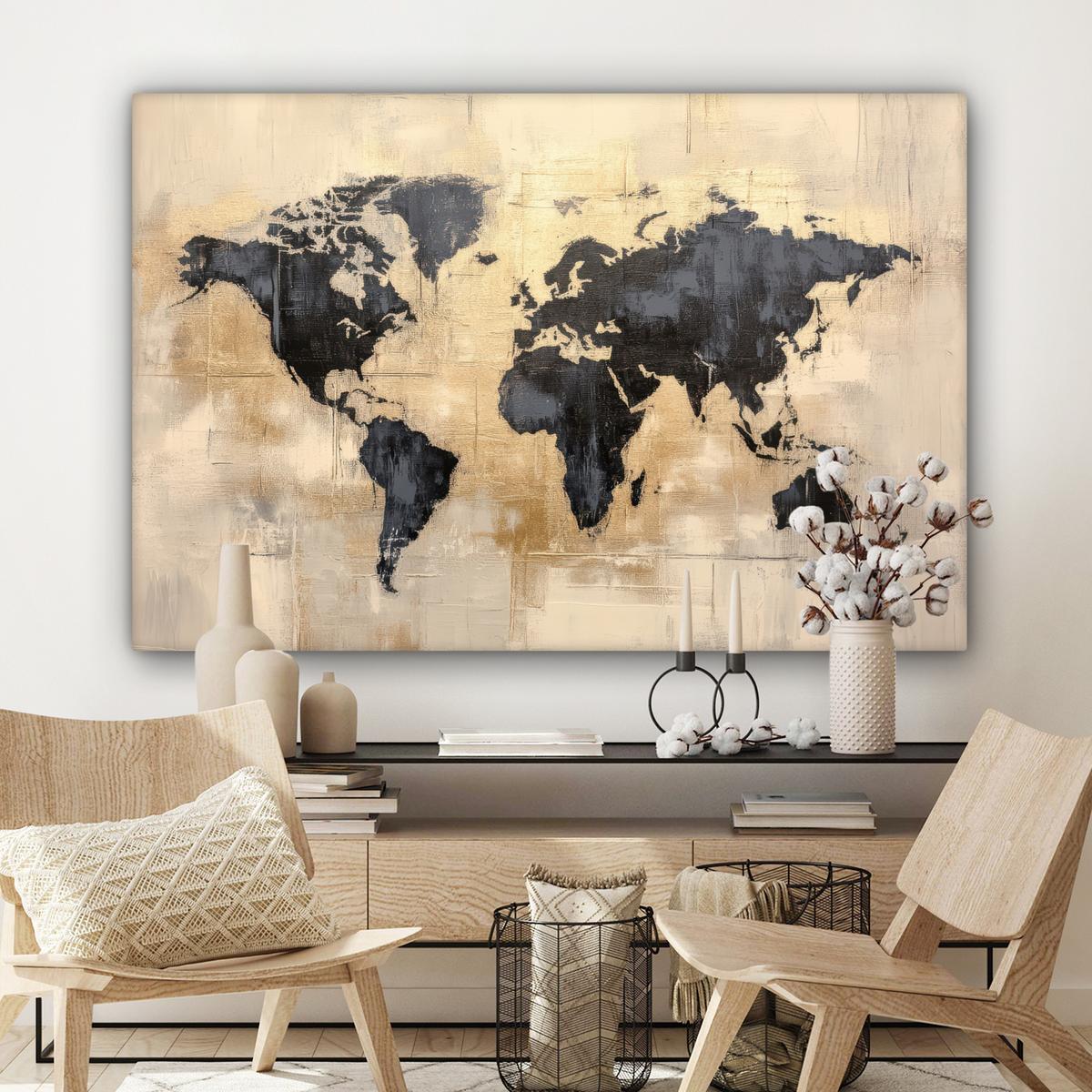 LEINWANDBILD Weltkarte - Gold - Schwarz - Abstrakt XXL 150x100 cm - Kupferfarben, Textil (150/100cm) - MuchoWow