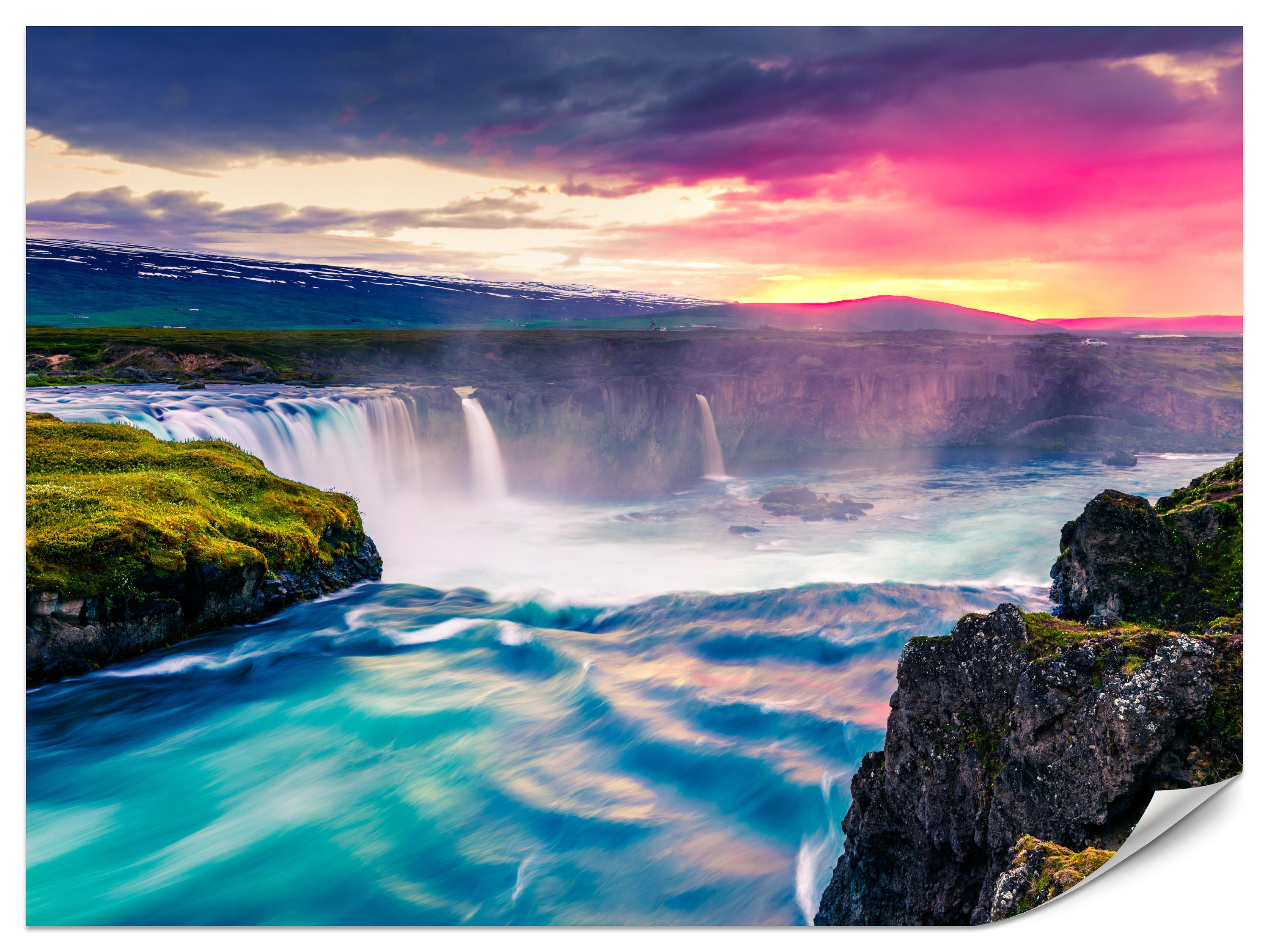 FOTOTAPETE für Esszimmer Godafoss Wasserfall Sonnenuntergang Natur 300x210 - Multicolor, Papier (300/210cm) - Muralo