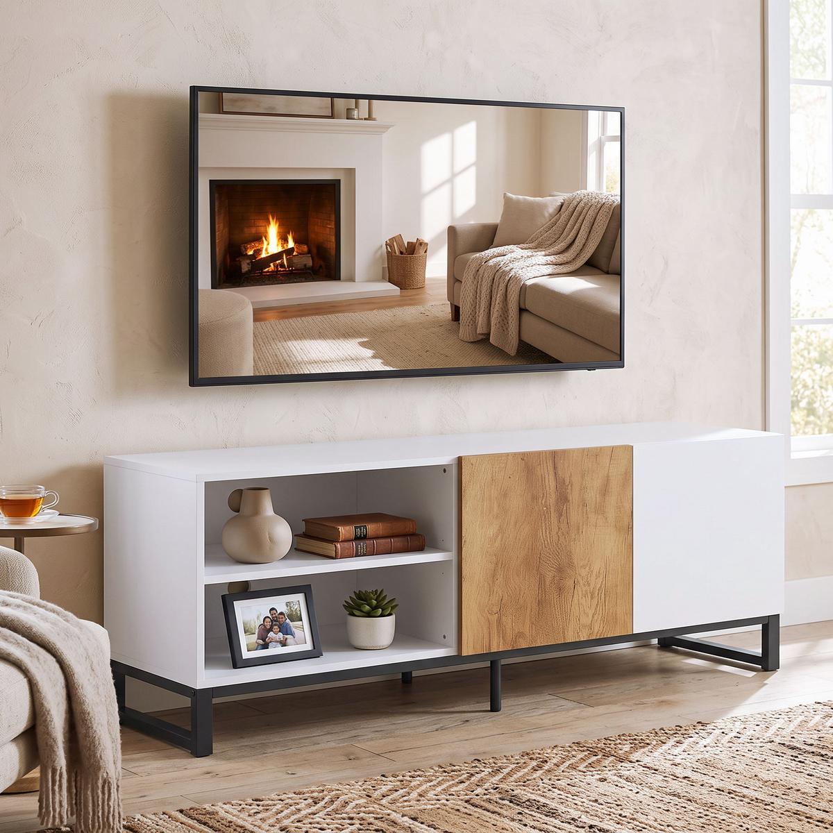 TV-SCHRANK Spanplatte Stahl Weiß - Eichefarben/Weiß, Holzwerkstoff/Metall (140/50/36.5cm) - HOMCOM
