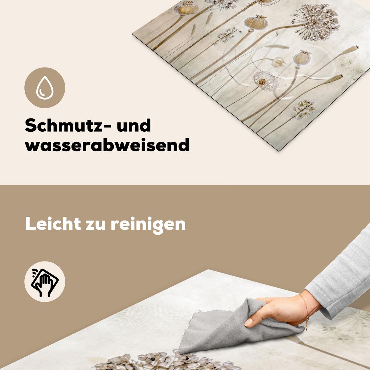 HERDABDECKPLATTE Blumen - Aquarell - Stilleben - Braun - Vintage Abdeckung Ceranfeld 57.6x51.6 cm - Sandfarben, Kunststoff (57.6/51.6/0.2cm) - MuchoWow