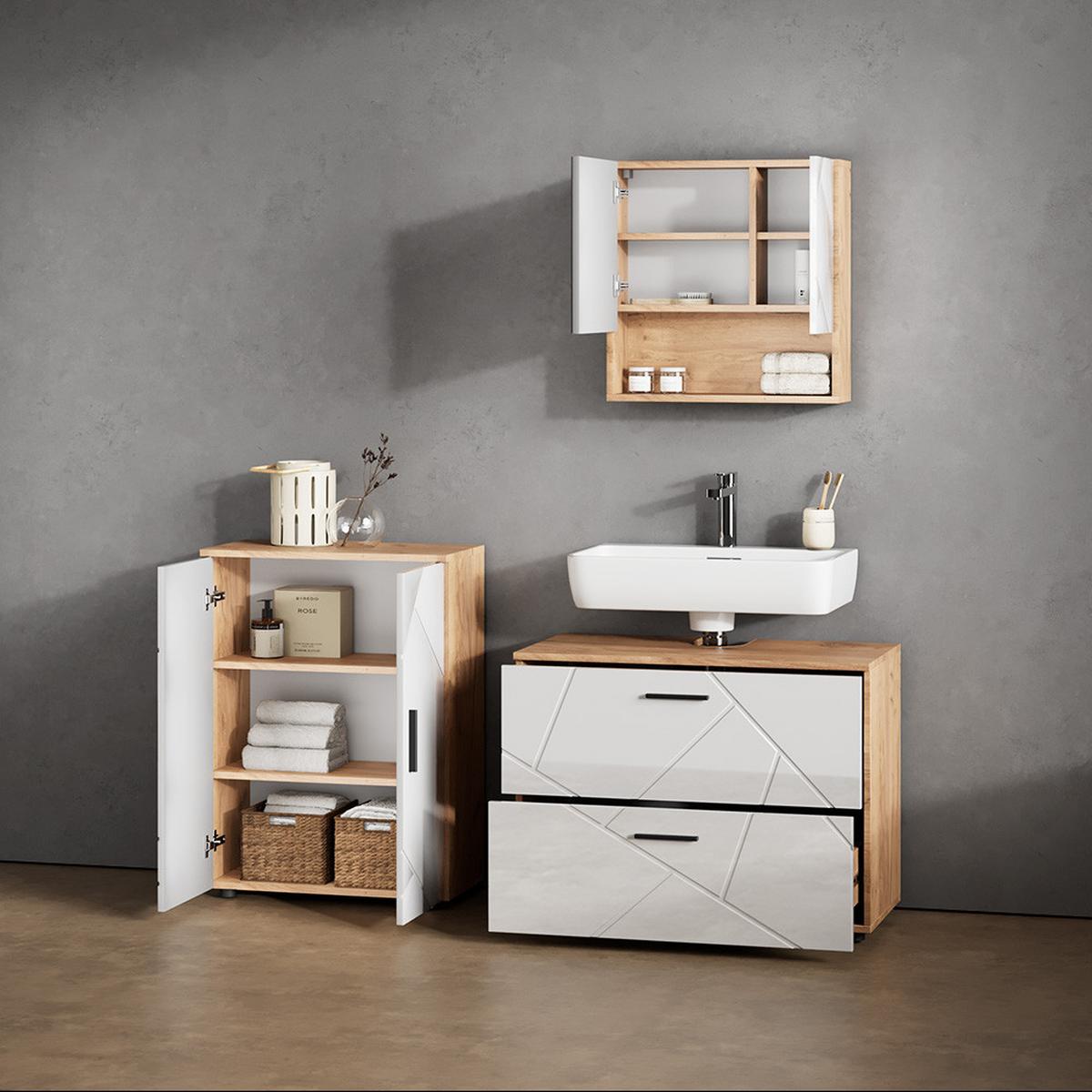 BADMÖBEL-SET Ronco Weiß Hochglanz/Goldkraft Eiche 3 Teile, mit Unterschrank 80 cm - Honigeiche/Weiß Hochglanz, Holzwerkstoff (80/58/41cm) - Livinity®