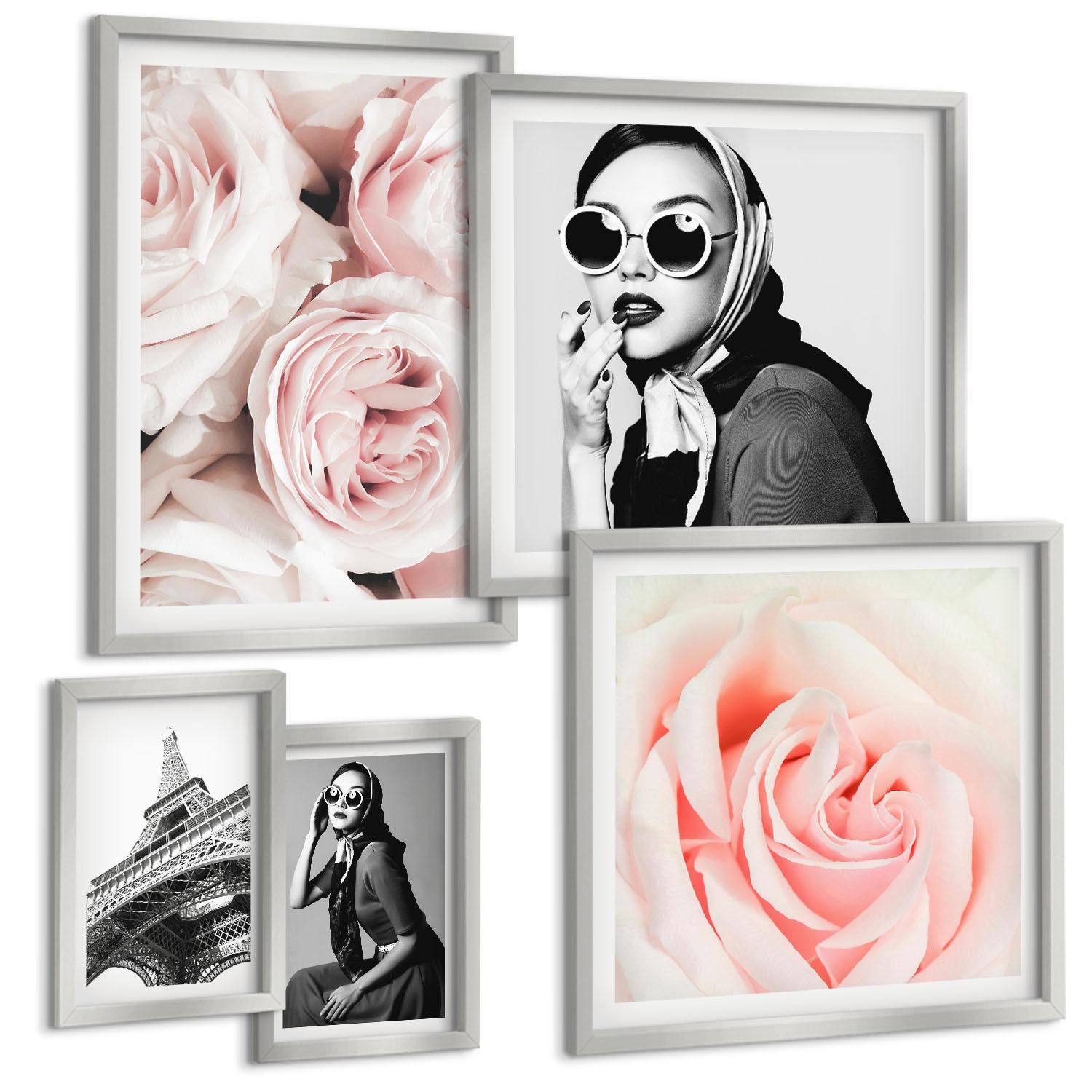 BILDER SET 5er Set - 50x50 cm & 20x30 cm & 40x60 cm Silberner Rahmen - Blumen, Pfingstrosen, Rosen, Eleganz - Silberfarben, Kunststoff (40/60cm) - TULUP