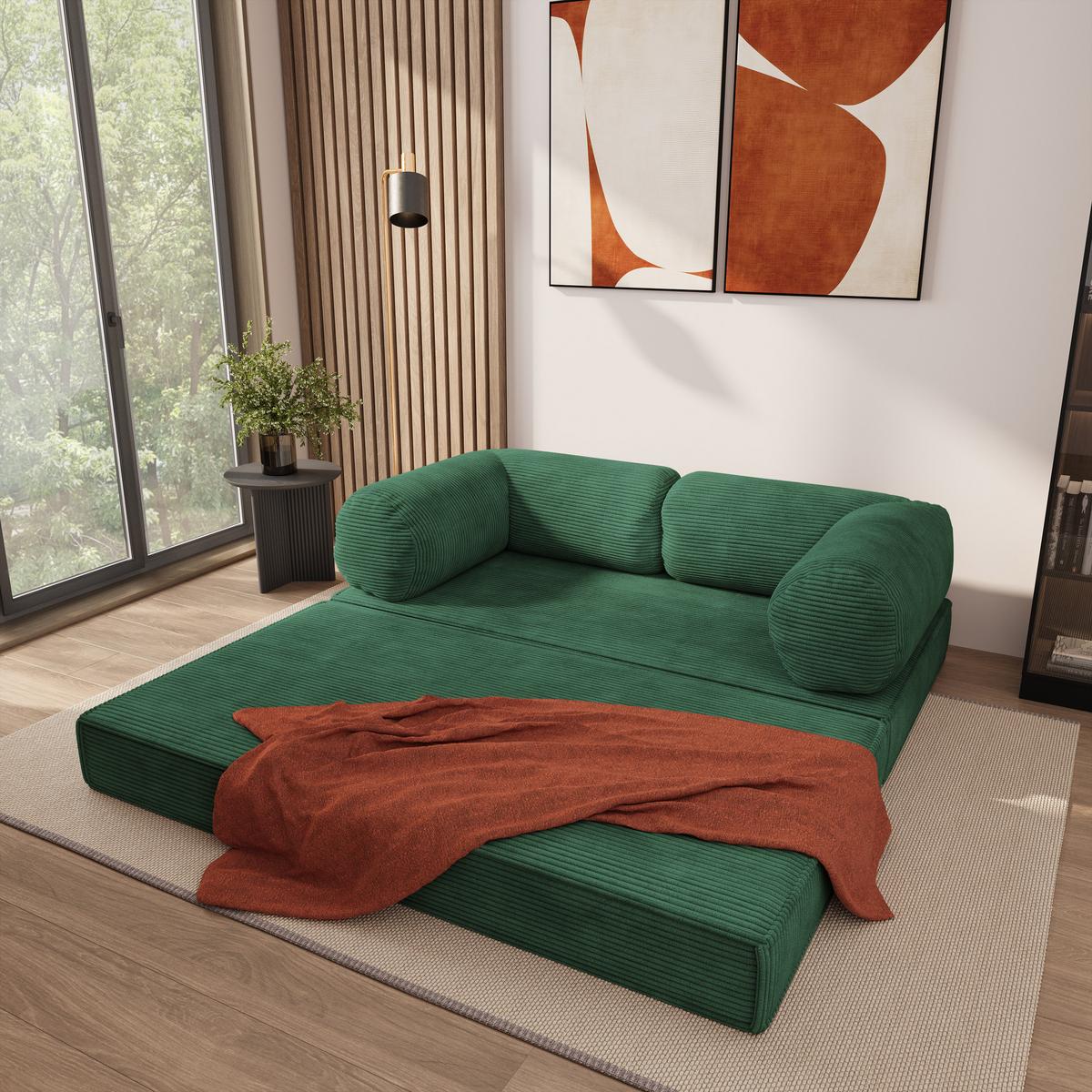 BETTSOFA ALVIO aus Schaumstoff Kordstoff Grün Schlaffunktion - Grün, Textil (170/68/80cm) - MASSENO