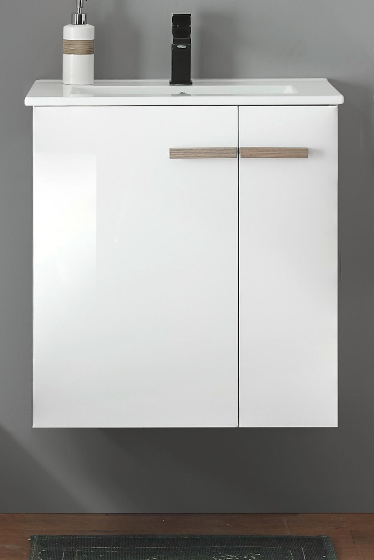 WASCHBECKENUNTERSCHRANK weiß Lack Hochglanz, Eiche, Waschtisch Set hängend 60 cm - Weiß Hochglanz/Eichefarben, Holzwerkstoff (60/70/40cm) - Furn.Design