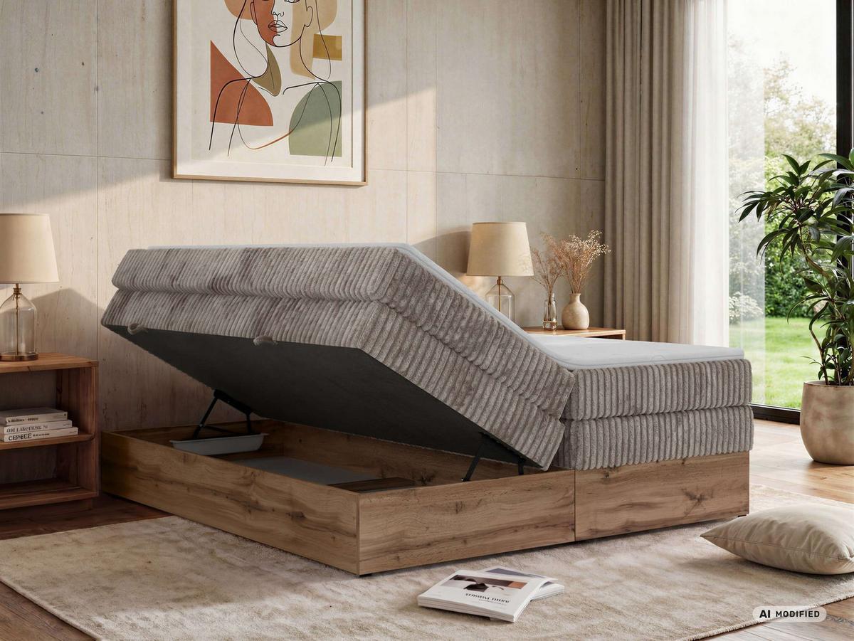 BOXSPRINGBETT WOOD ZERO KING 180/200 - Hellbraun Cord - Topper T25 - H3 - Hellbraun/Schwarz, Kunststoff/Textil (180/200cm) - MKS