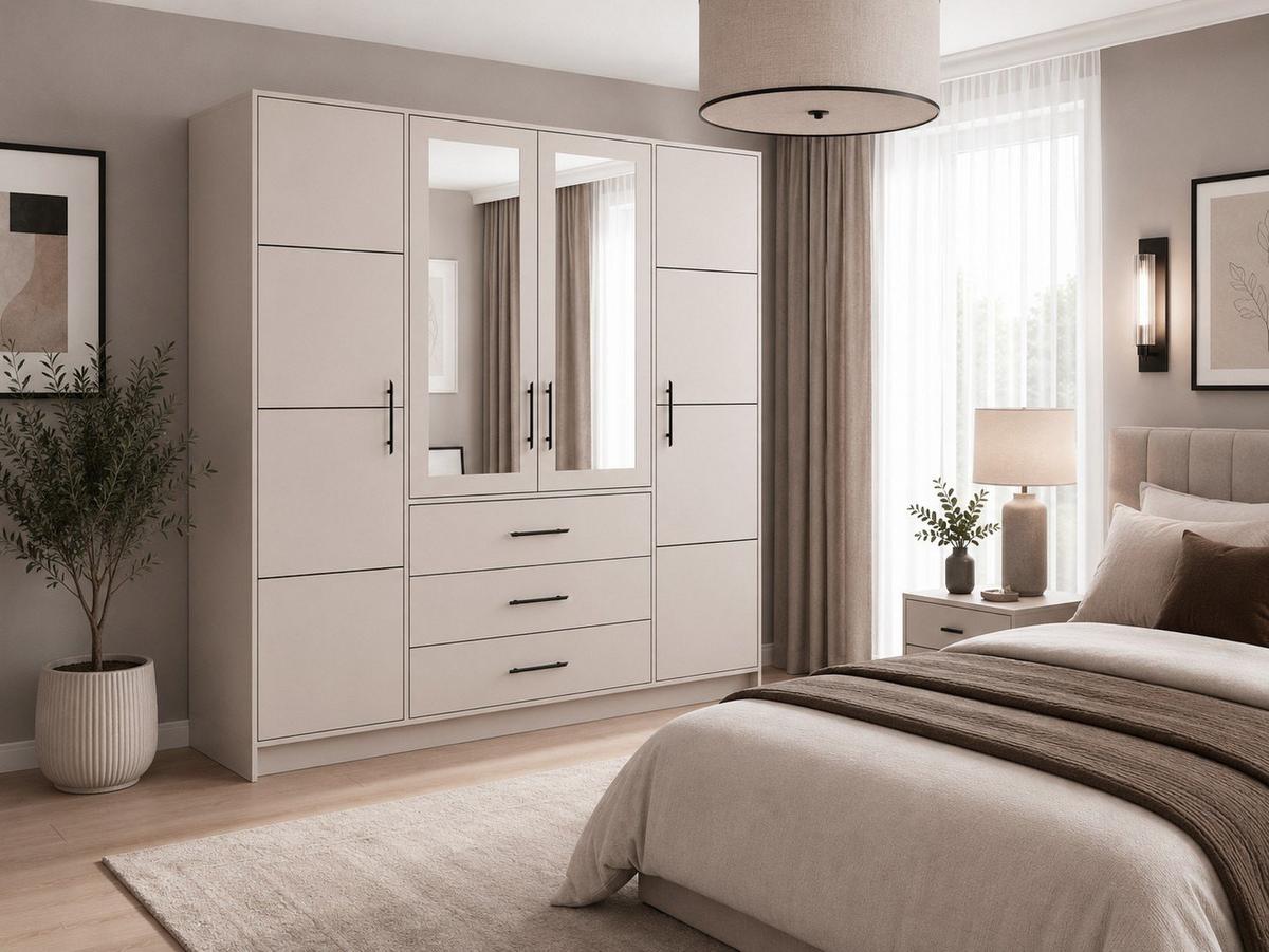 DREHTÜRENSCHRANK ELISE 196/200/57,5cm 4-türig mit Spiegel Kaschmir - Kaschmir, Holzwerkstoff (196/200/57.5cm) - MASSENO