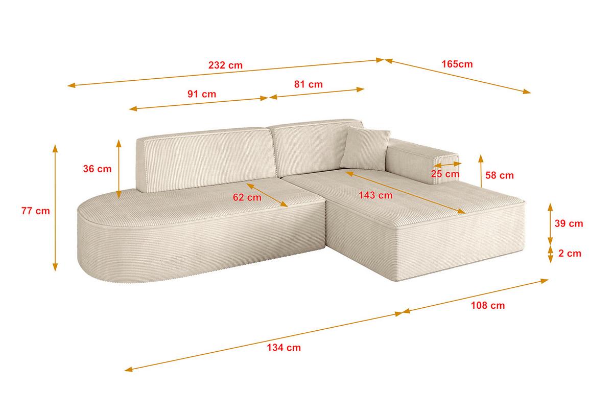 ECKSOFA Ottomane Rechts IREA-L1-v4 - 232x165x77 cm Beige - Champagner/Beige, Holzwerkstoff/Textil (232/165cm) - ALTDECOR
